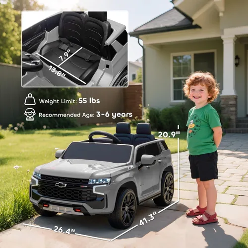 Miniatura 7 de Aosom Chevrolet Tahoe Ride On Car con licencia de 12 V 7 AH batería de juguete con control remoto parental, luces LED, música, suspensión de 4 Gris