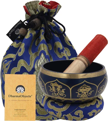 Miniatura 13 de DharmaObjects Mediano ~ Juego de cuencos cantantes Om ~ Con mazo, cojín de brocado y bolsa de transporte ~ Para meditación, curación de chakras