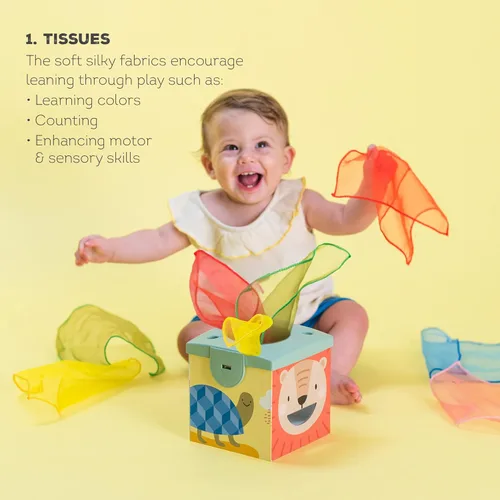 Miniatura 8 de Taf Toys Caja de Pañuelos Sensoriales Arrugados para Niños Pequeños. Juguete STEM Montessori con Pañuelos Suaves Coloridos y Mantitas Crujientes