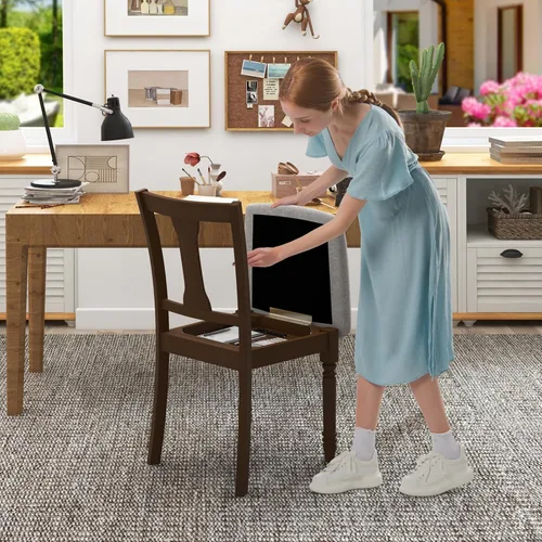 Miniatura 9 de KOTEK Juego de 2 sillas de comedor tapizadas, sillas de cocina de granja con patas de madera maciza, compartimento de almacenamiento oculto
