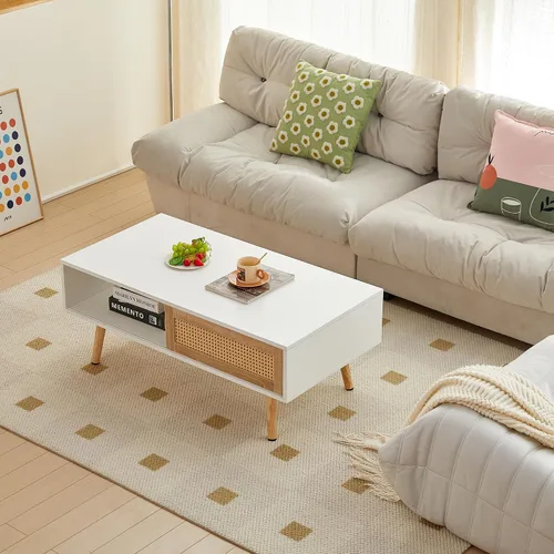 Miniatura 9 de AMNOOL Mesa auxiliar rectangular de ratán de 41.34 pulgadas, mesa central de madera para sofá, puerta corrediza, patas de madera maciza, se puede