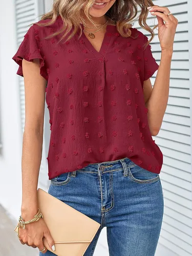 Miniatura 2 de MEROKEETY Blusa de manga corta con volantes y cuello en V para primavera 2026, para verano, con lunares suizos, elegante, informal, con vuelo