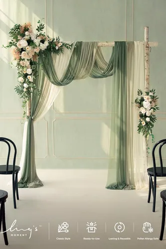 Miniatura 2 de Ling's moment Kit de flores de arco de boda con cortinas transparentes, arreglos florales artificiales de primavera de rosas verdes para telón