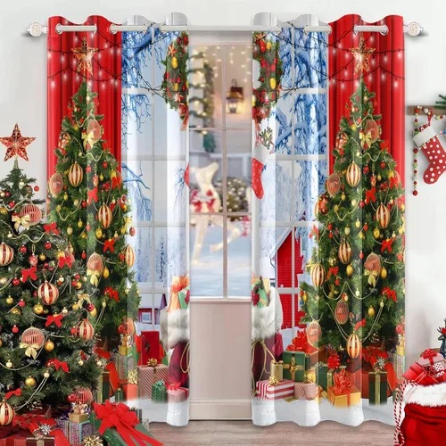 Miniatura 19 de AWERT Cortinas de Navidad con Bolas Vibrantes para Sala de Estar, Cortinas Opacas de Navidad Juego de 2 Paneles, Ojales de Acero Inoxidable Plateado