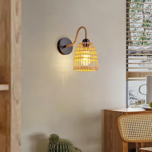 Miniatura 4 de Aplique de pared de ratán hecho a mano, lámpara de mimbre estilo granja, luz vintage, retro, negro, E26 E27, accesorio de iluminación para sala