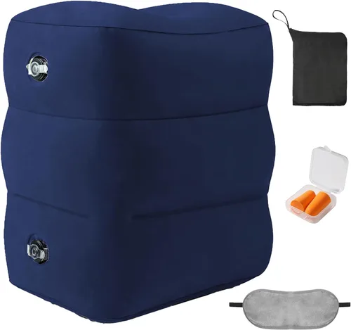 Almohada inflable con reposapiés para viajes, altura ajustable, con máscara para los ojos y tapones para los oídos para niños y adultos en avión,