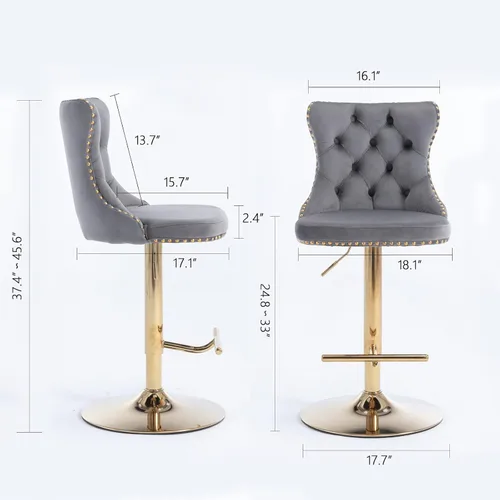 Miniatura 8 de Taburete de bar giratorio ajustable de altura de mostrador, silla de bar tapizada de terciopelo dorado con base cromada con respaldo acolchonado