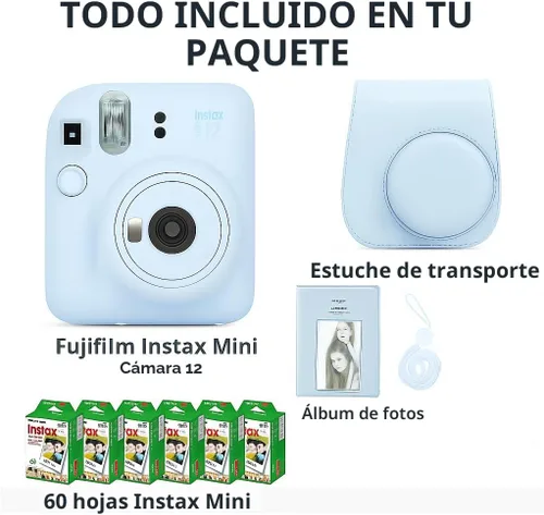 Miniatura 3 de Cámara instantánea Fujifilm Instax Mini 12 color azul pastel y paquete Fuji Film (60 hojas) con accesorios Tiger resistentes, estuche de transporte