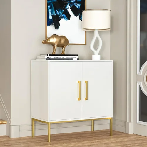 Miniatura 18 de JOZZBY Aparador de buffet con almacenamiento, gabinete de madera moderno con estantes ajustables, gabinetes negros y dorados para sala de estar