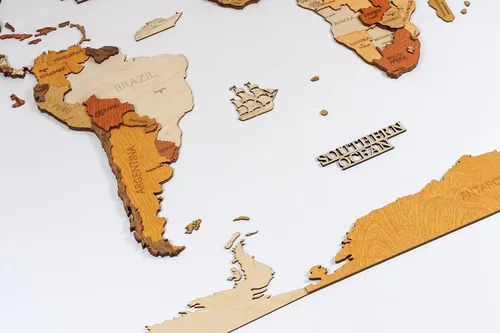 Miniatura 7 de Decoración de pared de mapa del mundo de madera, multicapa, madera teñida multicolor, nombres grabados, diseño 3D único, para cocina, oficina