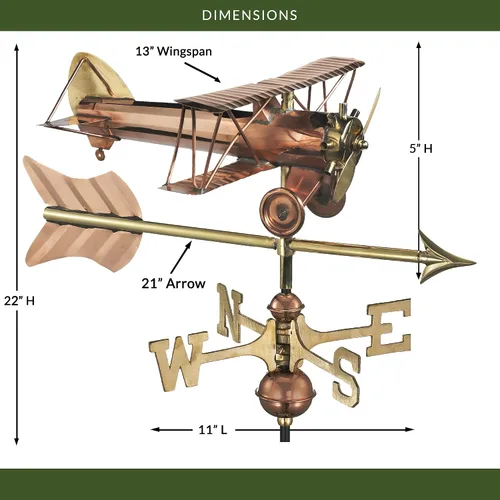 Miniatura 2 de Good Directions Biplane con veleta de flecha, incluye poste de jardín, cobre puro, veletas de avión, decoración de aviación