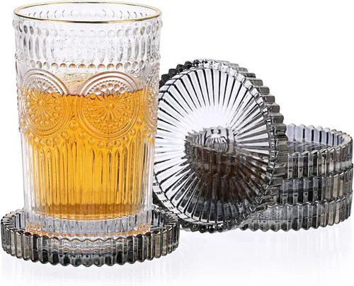 Miniatura 16 de JUXYES Juego de 5 posavasos de cristal tono ámbar redondos, tapetes para tazas de vidrio para bebidas, café, té, vino, posavasos decorativos