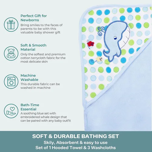 Miniatura 3 de Spasilk Toalla de baño con capucha para bebé con 3 paños de baño, artículos esenciales de baño para bebé, talla única, ballena azul (paquete de 3)