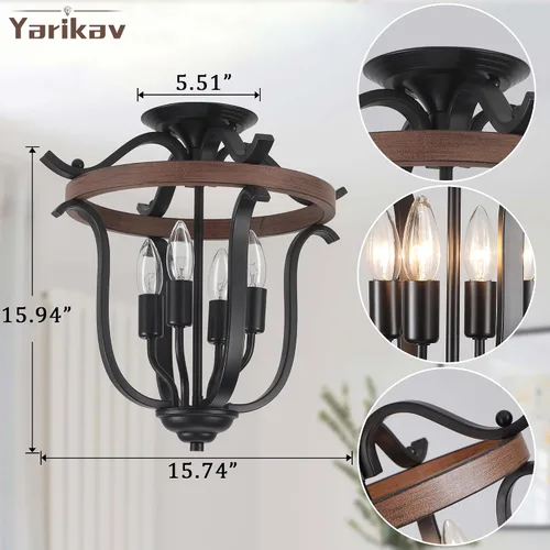 Miniatura 3 de Candelabro de 4 luces estilo granja, lámpara de techo de montaje empotrado vintage rústica mini, lámpara de araña de metal negro y madera artificial
