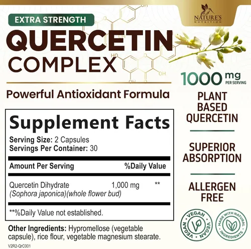 Miniatura 2 de Quercetin Dihydrate 1000mg per Serving - Premium Plant-Based Bioflavonoids - Extra Strength Antioxidant Immune & Respiratory Health Support - High