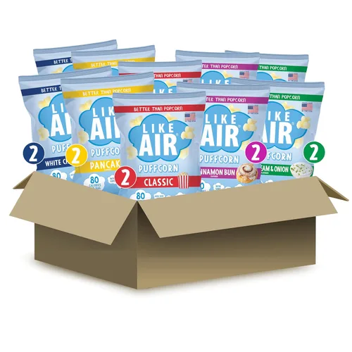 Like Air Puffcorn Paquete variado de 5 sabores (0.5 oz, paquete de 10) – Bocadillos de una sola porción, 80 calorías, sin gluten, kosher, maíz sin