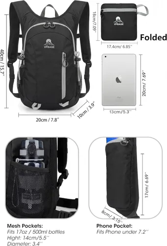 Miniatura 5 de Mochila de senderismo pequeña plegable con 3 bolsillos para correa, mochila ligera 300D a prueba de derrames para hombres y mujeres, mochila