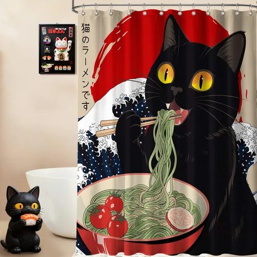 Miniatura 11 de Cortina de ducha estrecha con diseño de gato negro y animé japonés para casa rodante, juegos de decoración de baño, tela impermeable con ganchos, 36