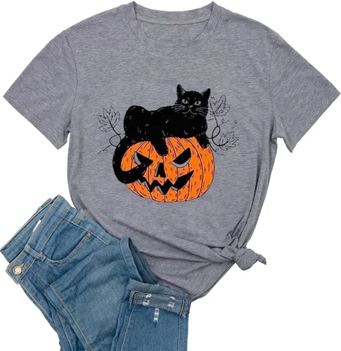 Miniatura 15 de Woffccrd - Camisetas divertidas con estampado de calabaza y leopardo para mujer, camisetas gráficas de manga corta de Halloween para mujer