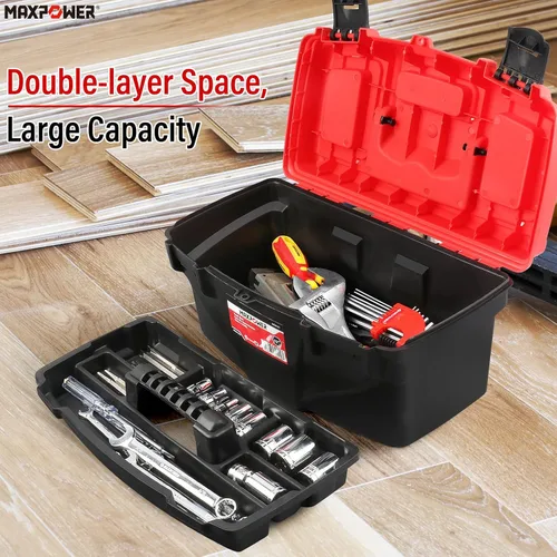 Miniatura 3 de MAXPOWER Caja de herramientas de plástico de 15 pulgadas, con bandeja extraíble y doble bloqueo seguro para el hogar