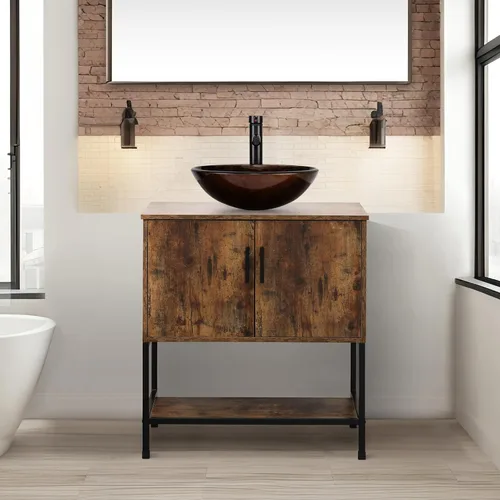 Miniatura 49 de UEV Tocador de Baño de Roble Rústico de 24" con Lavabo, Conjunto de Gabinete de Baño con Marco de Hierro Industrial con Puertas y Estante, con Combo