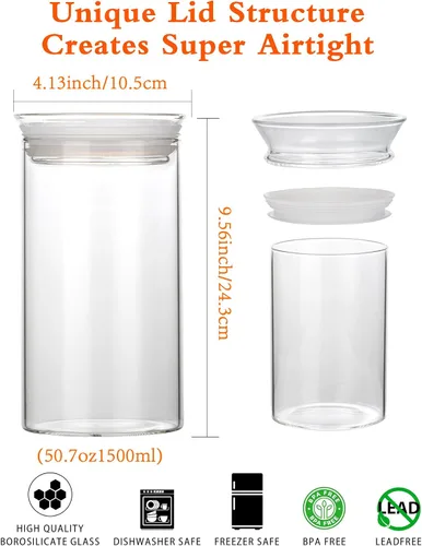 Miniatura 6 de Zens - Juego de tarros de vidrio modernos para almacenamiento de alimentos de 2 piezas, tarros transparentes de vidrio de 50 oz con tapas