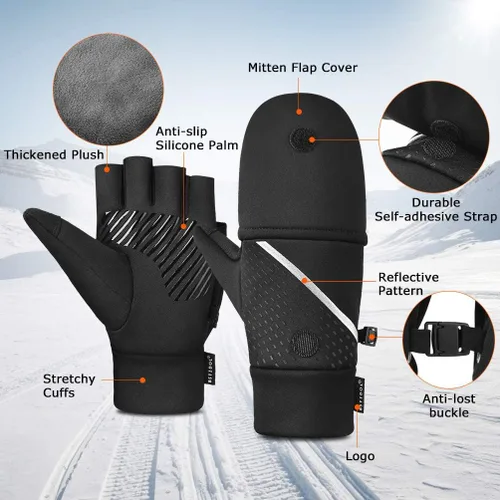 Miniatura 2 de Guantes convertibles de invierno sin dedos con guante térmico cálido para clima frío cálido polar para hombres y mujeres para fotografía de mensajes