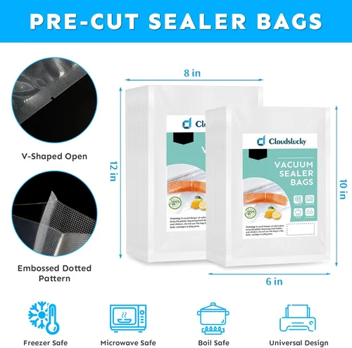 Miniatura 2 de Sellador de alimentos al vacío sin BPA, bolsas precortadas de 6 x 10 pulgadas + 8 x 12 pulgadas, 200 unidades gruesas en relieve de grado comercial