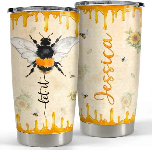 SANDJEST Vaso personalizado de abeja con girasol de miel de 20oz 30oz con tapa, regalo para mujeres, niñas, hija, hermana, amantes de los animales,