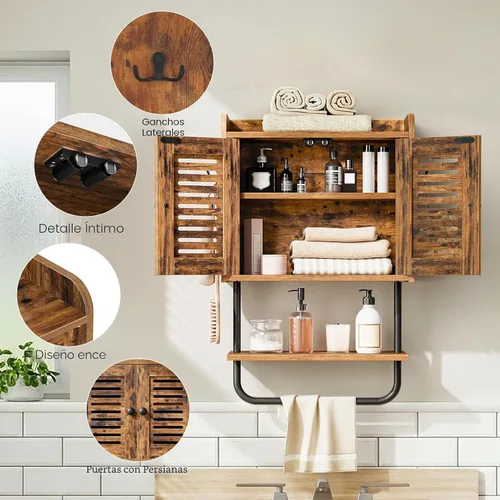 Miniatura 5 de HOOBRO Botiquín de baño, gabinete de pared para baño de doble puerta con toallero, estante ajustable, 2 ganchos, gabinete de almacenamiento sobre