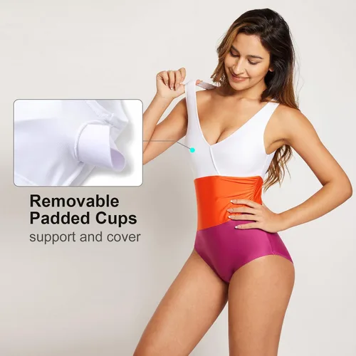 Miniatura 4 de BALEAF Traje de baño de una pieza con bloques de color para mujer, control de abdomen, espalda completa, cuello en V, modesto fruncido