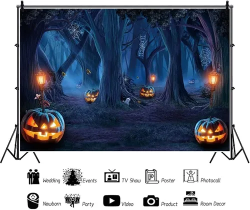 Miniatura 3 de Renaiss Telón de fondo de Halloween con telaraña, árboles, lámpara de calabaza, bosque sombrío, fotografía, fondo espeluznante, luz de luna