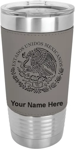 Miniatura 20 de LaserGram Vaso aislado al vacío de 20 onzas, bandera de México, grabado personalizado incluido (piel sintética, negro)