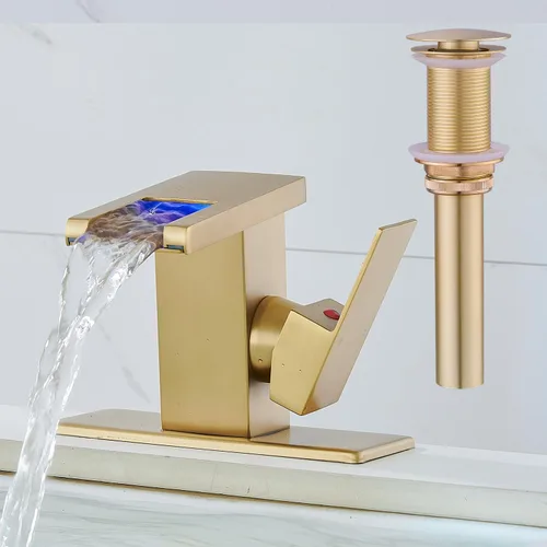 Miniatura 10 de AVSIILE Grifo LED para Lavabo de Baño, Cascada de Níquel Cepillado Mango de Un Solo Orificio Grifos de Tocador para Lavabos 1 Orificio con Desagüe