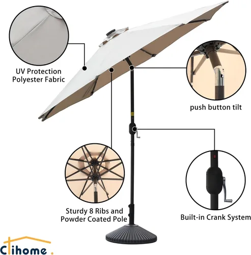 Miniatura 7 de Clihome Sombrilla solar de 9 pies para patio, 32 luces LED, sombrilla solar para patio al aire libre con botón de inclinación y manivela para patio