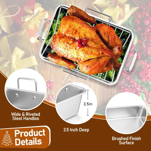 Miniatura 4 de Sartén para asar con estante para pavo y pollo, sartén para asar de acero inoxidable Joyfair y estante en V para horno tostador, utensilio de horneo