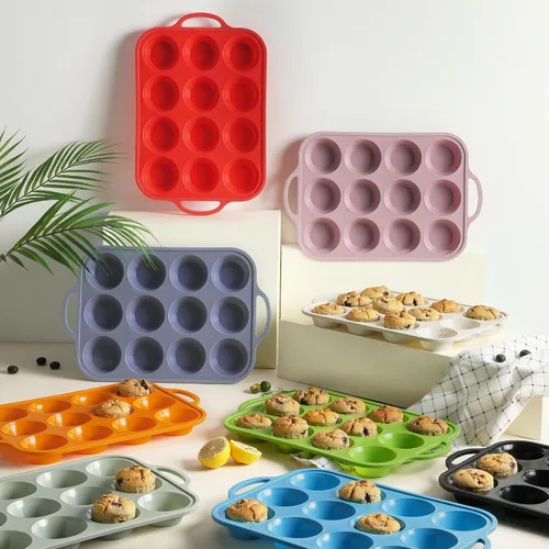 Miniatura 8 de 12 Tazas Molde para Muffins de Silicona con Marco Reforzado de Metal, Molde Regular para Cupcakes, Bandeja para Huevos, Moldos Circulares de Rojo
