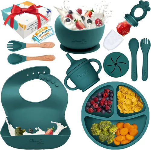 Miniatura 11 de Juego de alimentación de silicona para bebés, 10 suministros de destete LED para bebés, platos para bebés sin BPA con platos y cuencos para niños