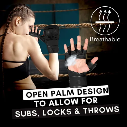 Miniatura 7 de BEAST RAGE Guantes MMA para Hombres Mujeres, Muñequeras Ajustables de Palma Abierta para Artes Marciales Grappling Sparring para Muay Thai Lucha