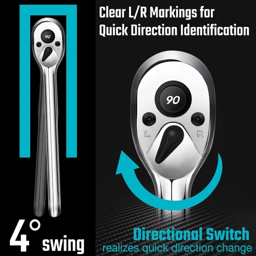 Miniatura 4 de DURATECH Trinquete de accionamiento de 3/8 pulgadas, llave de trinquete de 90 dientes, interruptor reversible de liberación rápida, mango