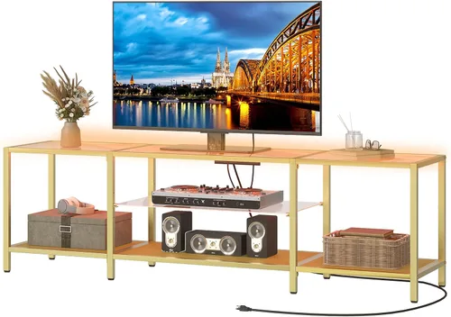 Miniatura 10 de HOOBRO Soporte de TV con luces LED y tomas de corriente para televisores de hasta 65 pulgadas, moderna mesa consola de TV de vidrio templado de 55