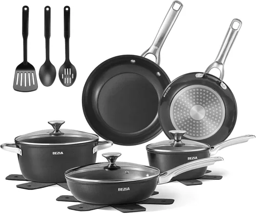 BEZIA Juego de utensilios de cocina de inducción de 15 piezas, ollas y sartenes antiadherentes con revestimiento de cerámica, juego de ollas de