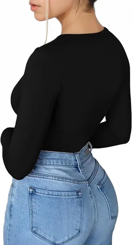 Miniatura 3 de MANGOPOP Camiseta de manga larga con cuello en V para mujer, ajustada, camiseta tipo túnica