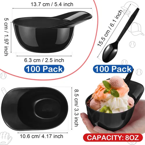 Miniatura 2 de Tanlade Juego de 100 cuencos para casco de béisbol con cucharas de 8 onzas, mini helado, postre y gorra de béisbol, cuencos de plástico para casco