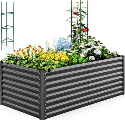 Quictent Jardinera elevada galvanizada de 6 x 3 x 2 pies, maceta de metal sin fondo para patio trasero al aire libre, incluye 1 jaula de tomate Gris