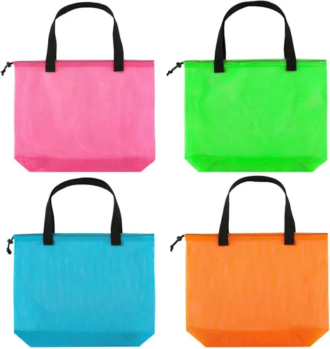 Miniatura 11 de Paquete de 4 bolsas reutilizables de malla colorida para la playa, bolsa de compras de malla con cordón para viajes, juguetes, regalo o lavandería