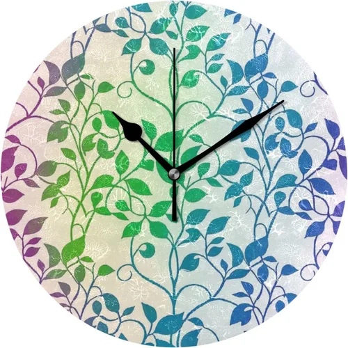 Vintage Rattan Leaf Print Colorful 10 Inch Round Hanging Clocks on Wall no Ticking Noise Deco for School Hotel Farmhouse relojes de pared para cocina