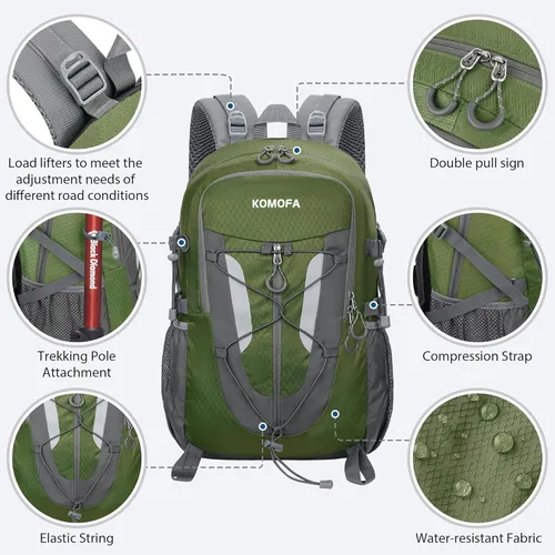 Miniatura 3 de Mochila de senderismo de 30 L, ligera, mochila de viaje pequeña para hombres y mujeres, para acampar al aire libre, mochilero, verde militar