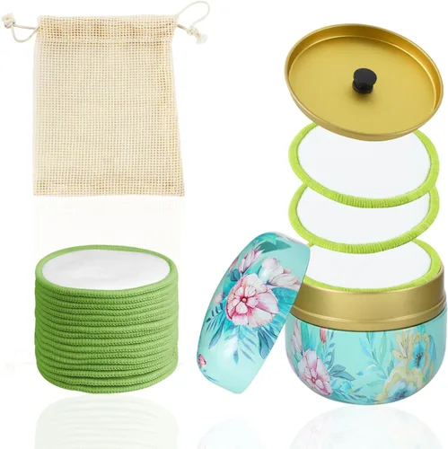 Paquete de 16 almohadillas desmaquillantes reutilizables, 100% algodón orgánico, lavables y ecológicas, con bolsa de lavandería y caja de