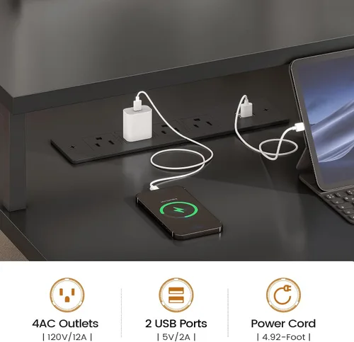 Miniatura 7 de SEDETA Escritorio para computadora de 75'' con 5 cajones, toma de corriente y luces LED, escritorio de oficina en casa con cajón de archivos, Negro